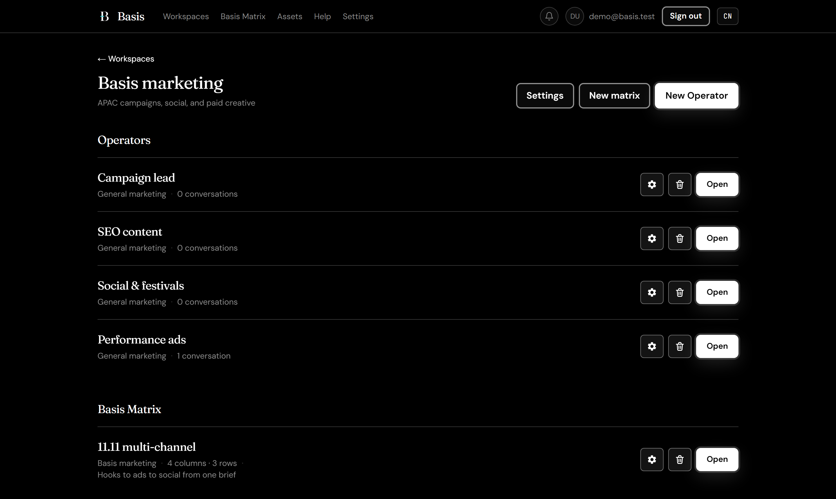 Basis workspace with marketing Operators and Matrix